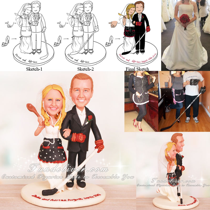 Hockey Player Groom and Housewife Wedding Cake Toppers